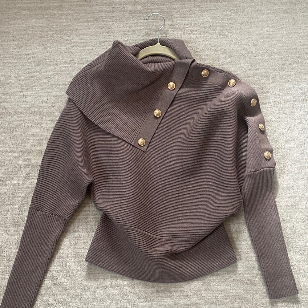 Reiss Brown Cowl Neck Sweater with Gold Button Accents